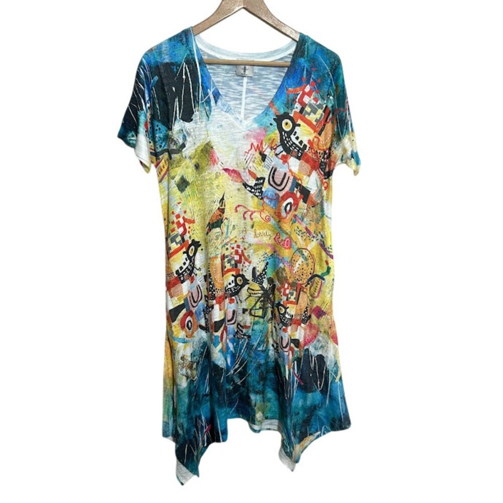 INOAH Asymmetrical Hem Midi Dress M Short Sleeve V Neck Boho USA Abstract Flowy
